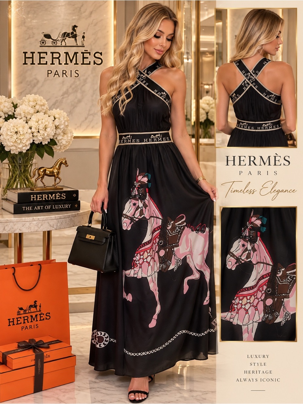 Black Horse-Print Halter Maxi Dress